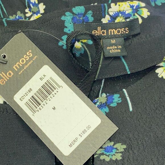 NWT Ella Moss Adara Dress Size M Black Floral Tie Neck Cutouts Bell Sleeve - Picture 8 of 8